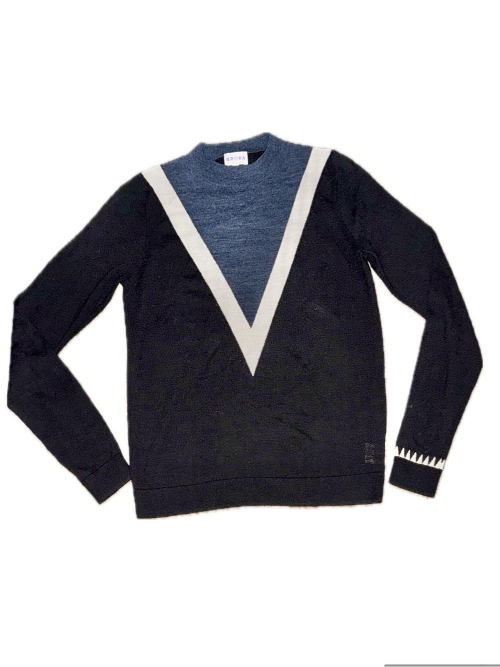 BRORA 100% Merino Wool Colorblock V-Stripe Fine Knit Sweater | Women's 8